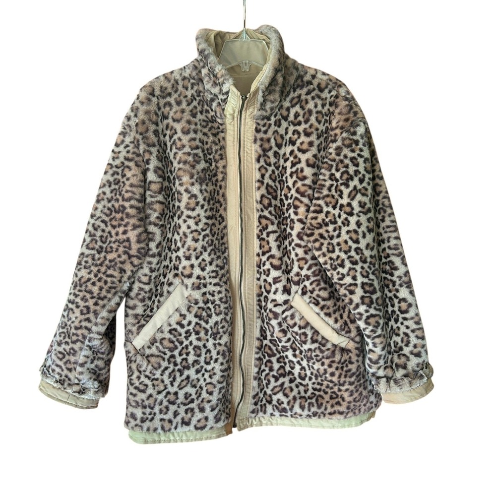 Reversible Faux Fur Leopard Jacket Coat Women's M Beige Oversized by Blue Studio